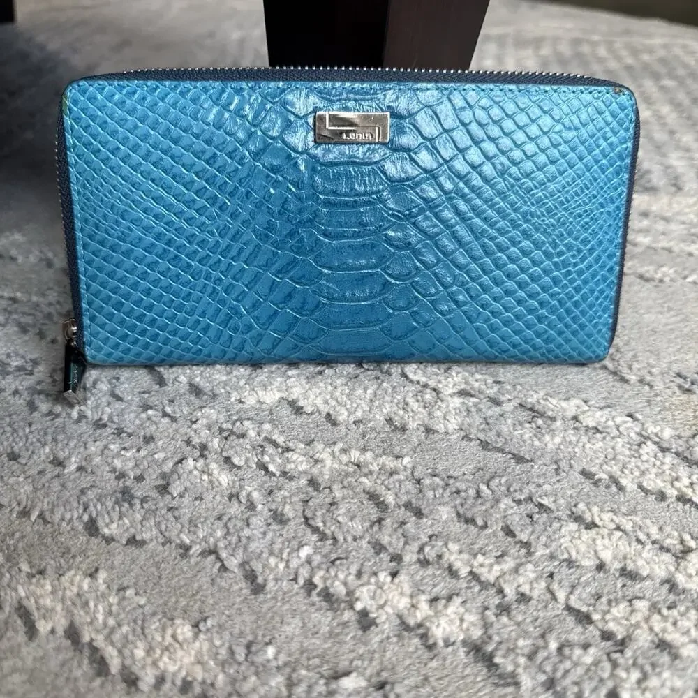 LODIS IRIS PYTHON EMBOSSED ZIP AROUND WALLET BLUE